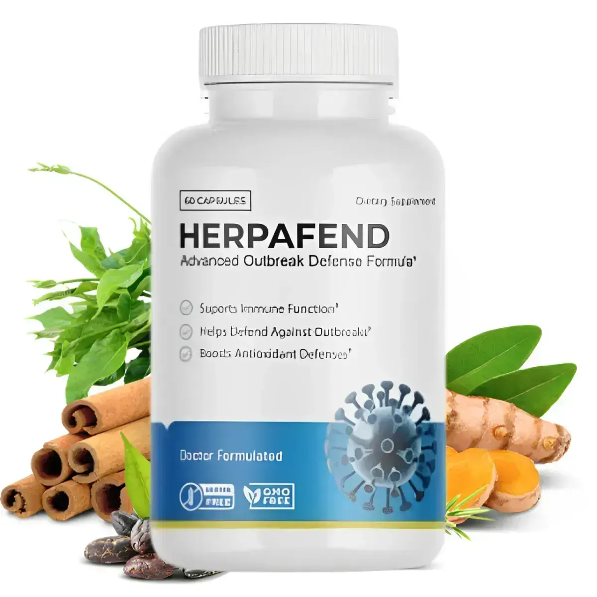 Herpafend capsule bottle with botanical illustrations