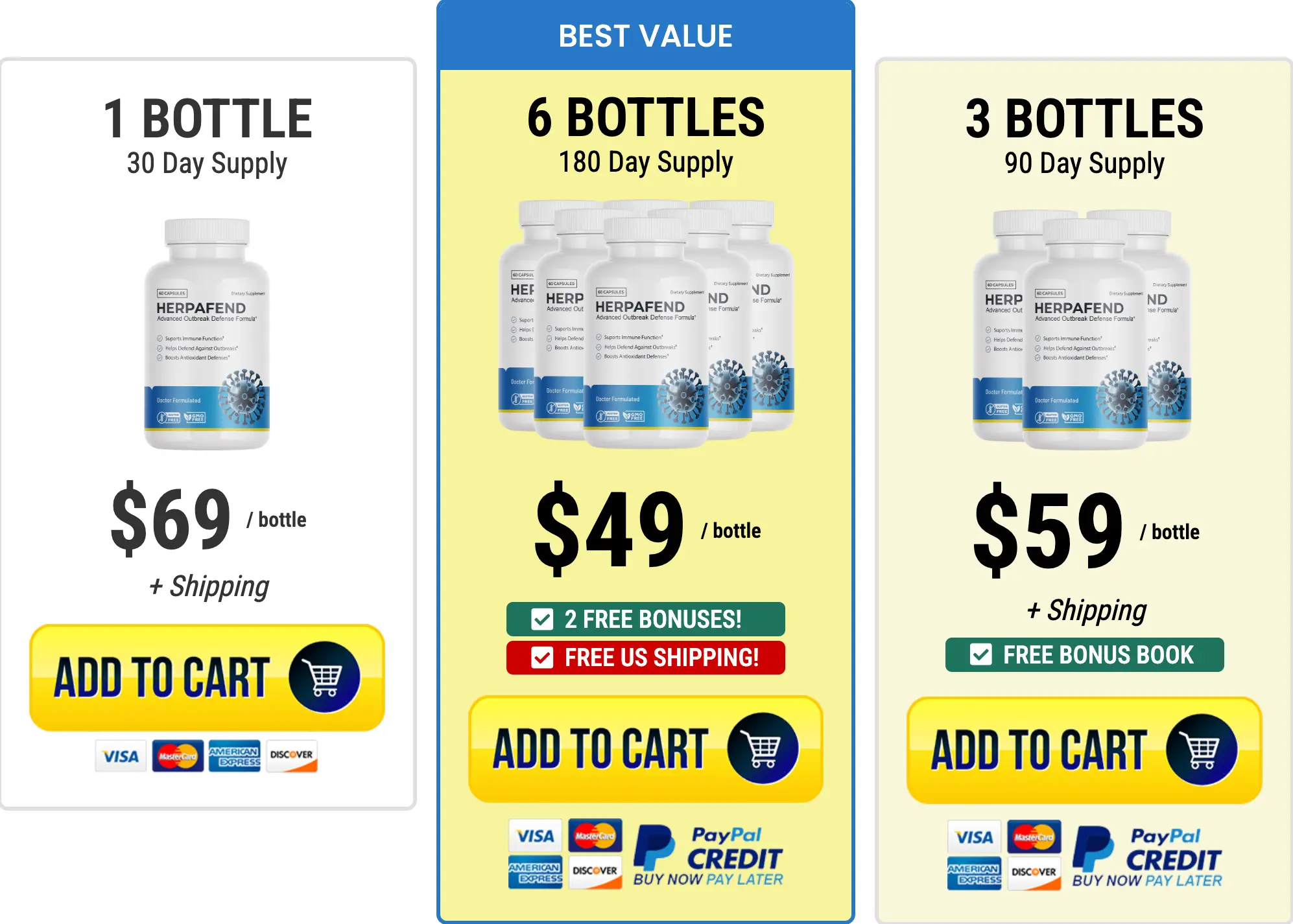 Herpafend supplied package pricing: bottle quantities, unit prices and order options